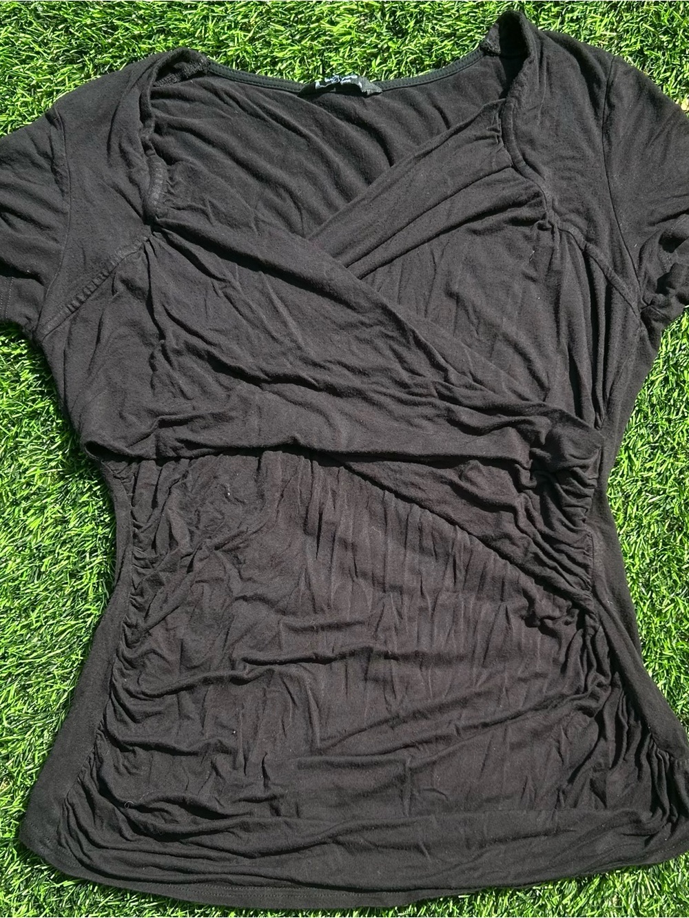 zeagoo Black Ruched Wrap-Front Short Sleeve Top